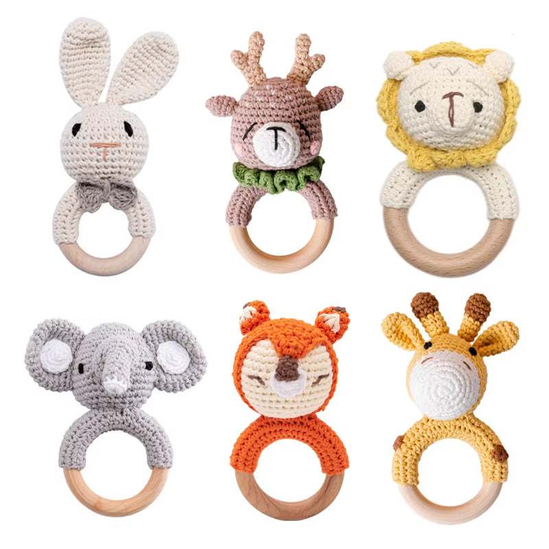 1Pc Baby Teether Music Rattles for Kids Animal Crochet Rattle Elephant Giraffe Ring Wooden Babies Gym Montessori Children'S Toys